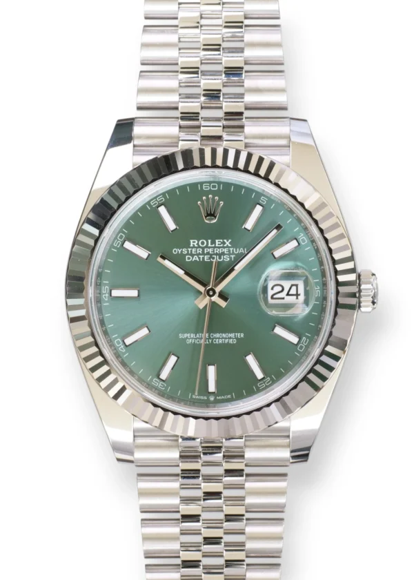 Rolex DateJust 41 Mint Green Jubilee Bracelet New Watch full set 2021 for sale at Calibre24 Luxury Watches Perth Australia 1