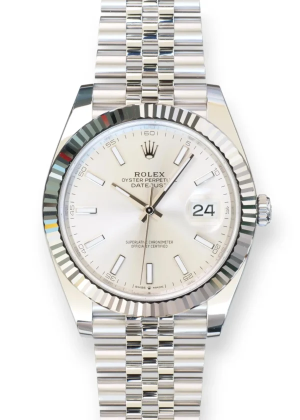 Rolex DateJust 41 SIlver Dial Fluted Bezel Jubilee Bracelet 126334 full set 2025 for sale at Calibre24 Luxury Watches Perth Australia