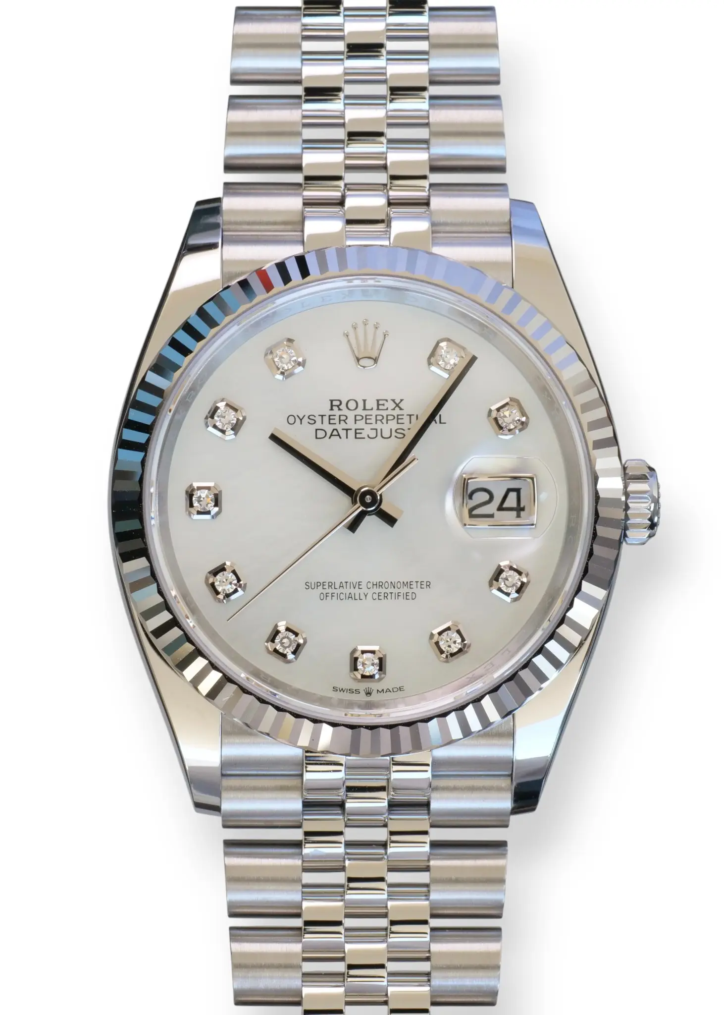 Rolex Datejust 36 Mother of Pearl Diamond-set dial Rolex Datejust 36 Mother Of Pearl Diamond Dial 126234 2025 Brand New Condition full set with box and papers for sale at Calibre24 Luxury Watches Perth Australia