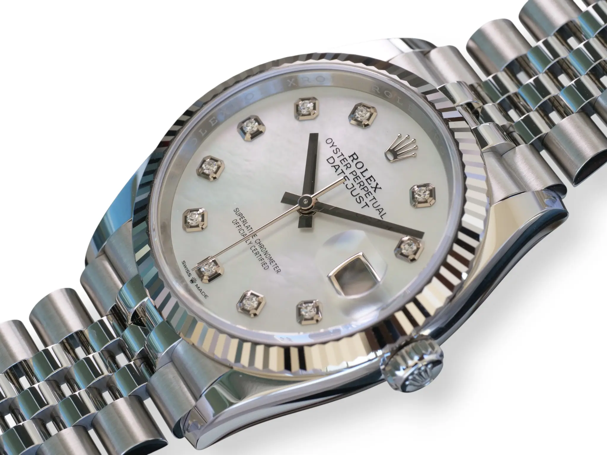 Rolex Datejust 36 Mother Of Pearl Diamond Dial 126234 2025 Brand New Condition full set with box and papers for sale at Calibre24 Luxury Watches Perth Australia