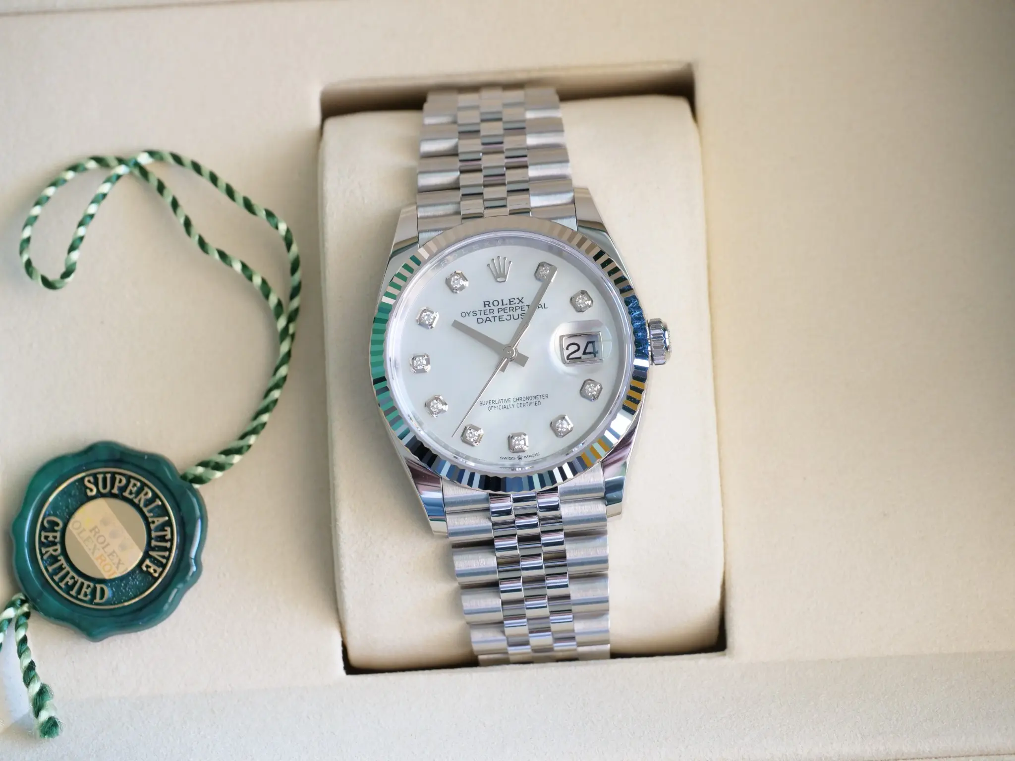 Rolex Datejust 36 Mother Of Pearl Diamond Dial 126234 2025 Brand New Condition full set with box and papers for sale at Calibre24 Luxury Watches Perth Australia