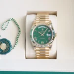 Rolex Day Date 228238 Money Green Dial 18k Gold Brand New 2025 full set with box and papers for sale at Calibre24 Luxury Watches Perth Australia 01