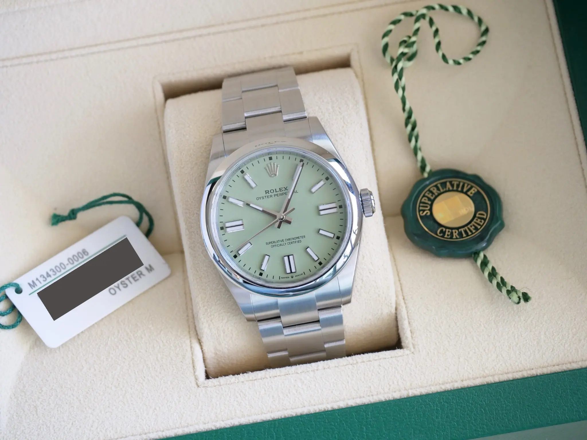 Rolex OP41 Pistachio 134300 2025 full set with box and papers for sale at Calibre24 Luxury Watches Perth Australia 14