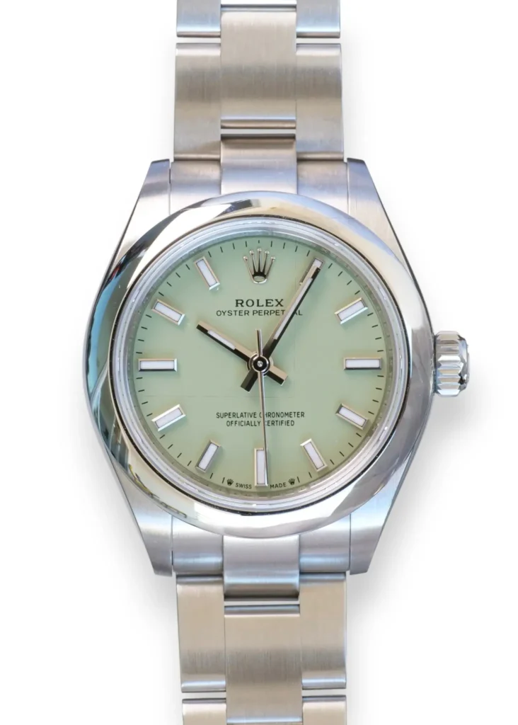 Rolex Oyster Perpetual 28 Pistachio Dial 276200 OP28 Brand New 2025 full set with box and papers for sale at Calibre24 Luxury Watches Perth Australia