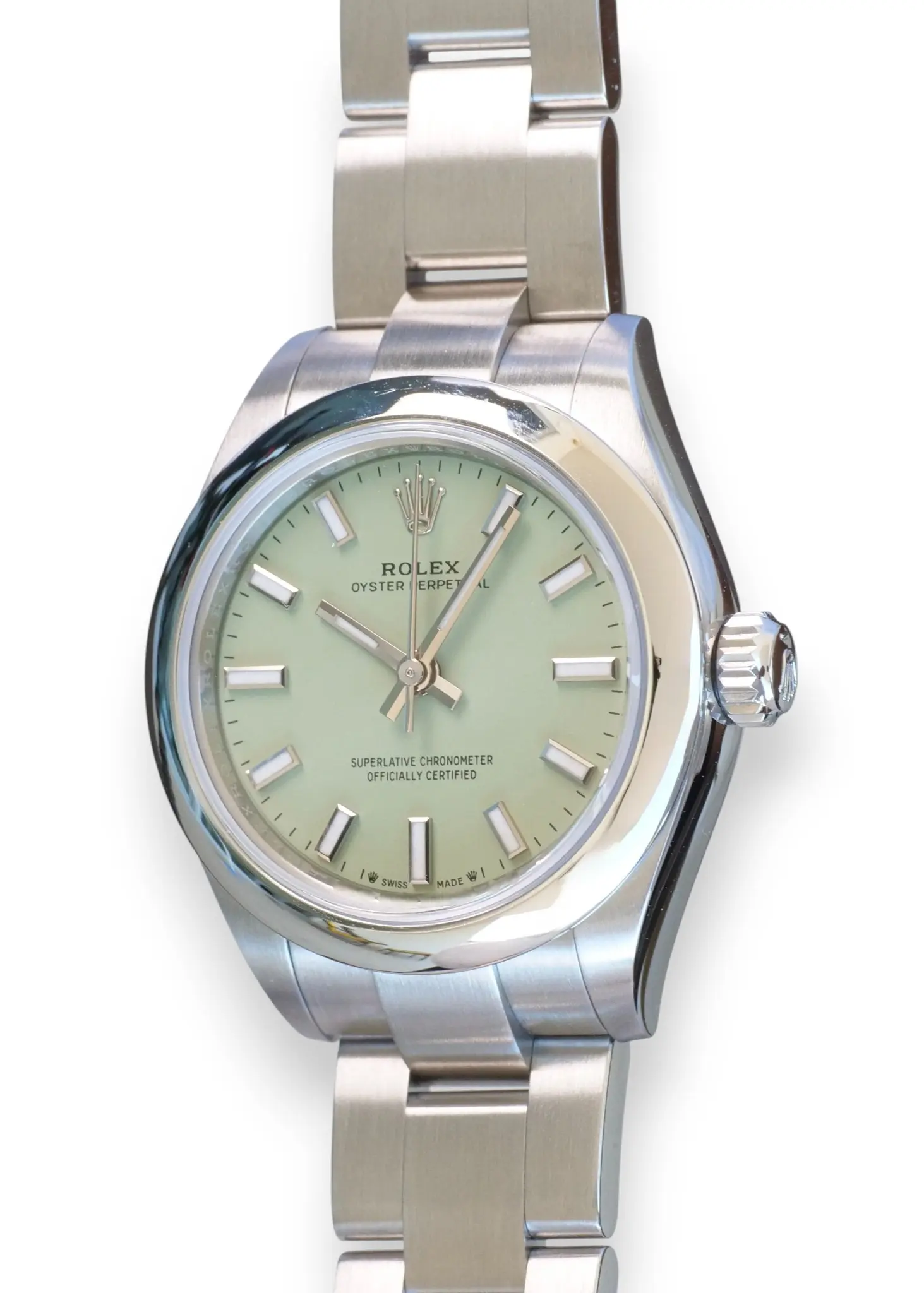 Rolex Oyster Perpetual 28 Pistachio Dial 276200 OP28 Brand New 2025 full set with box and papers for sale at Calibre24 Luxury Watches Perth Australia