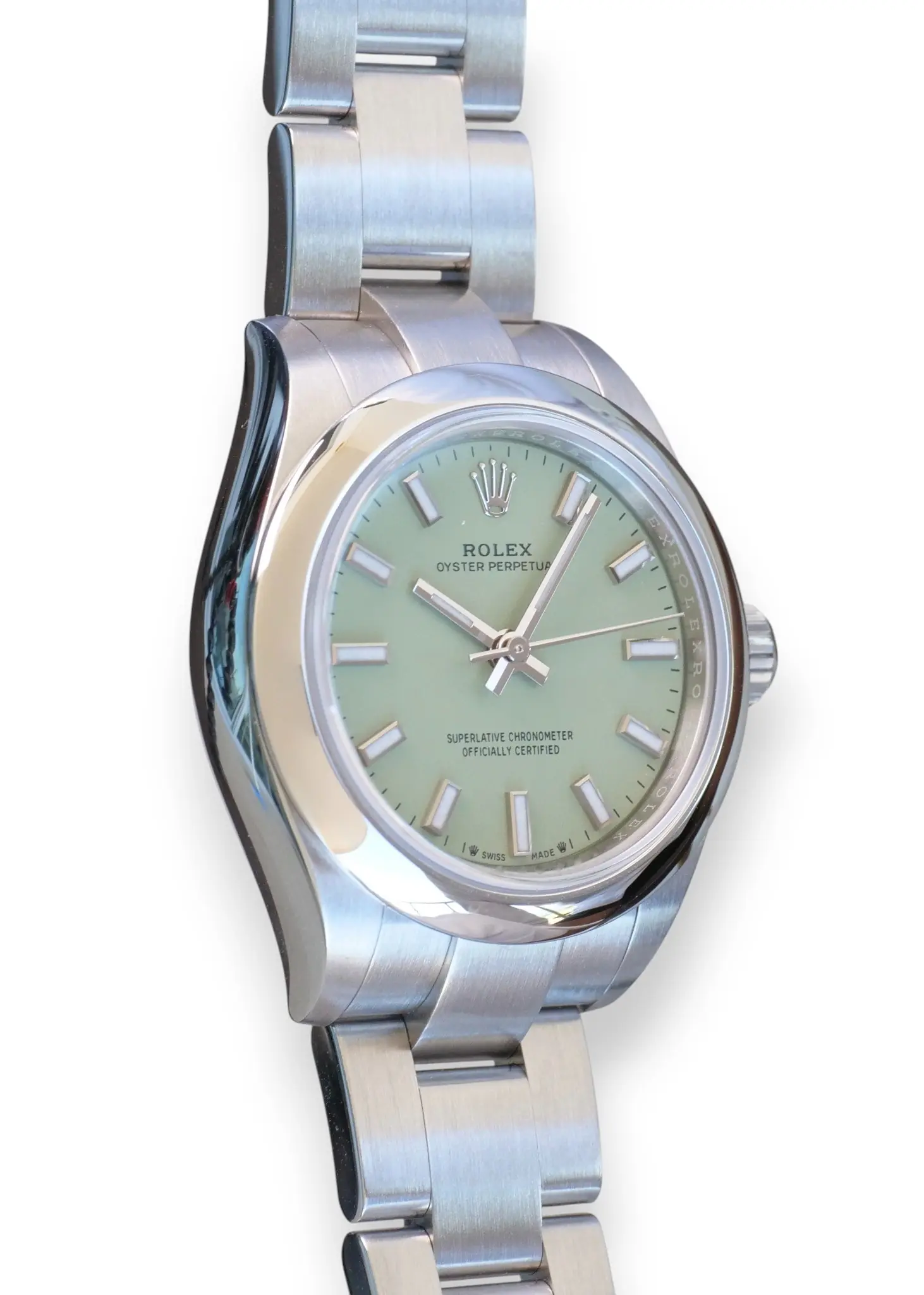 Rolex Oyster Perpetual 28 Pistachio Dial 276200 OP28 Brand New 2025 full set with box and papers for sale at Calibre24 Luxury Watches Perth Australia