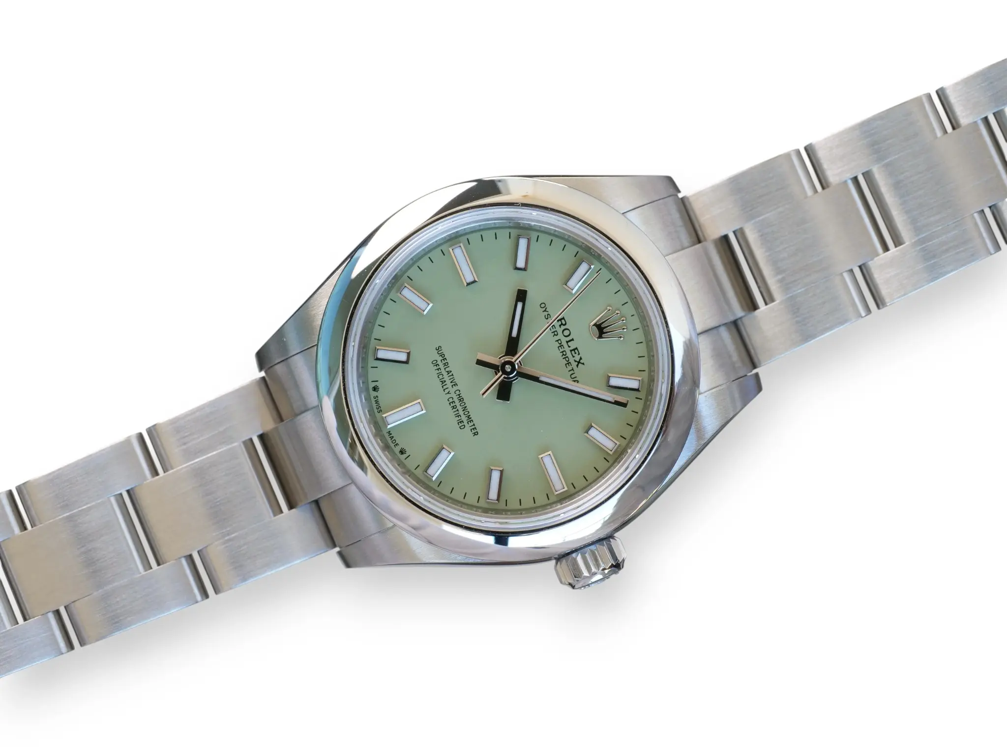 Rolex Oyster Perpetual 28 Pistachio Dial 276200 OP28 Brand New 2025 full set with box and papers for sale at Calibre24 Luxury Watches Perth Australia