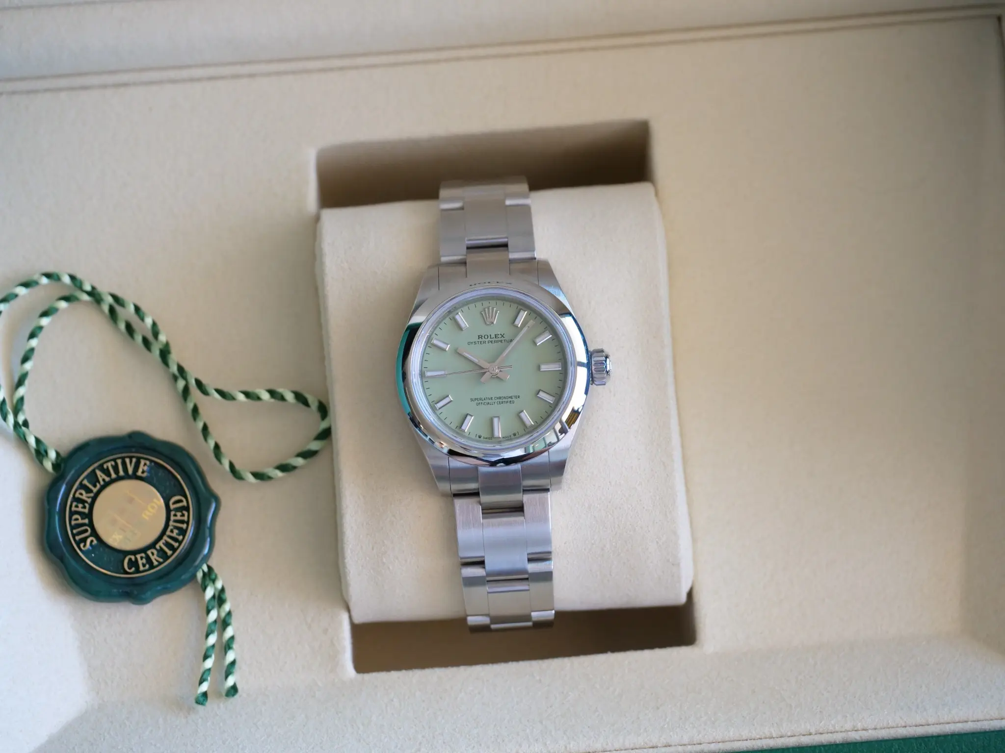 Rolex Oyster Perpetual 28 Pistachio Dial 276200 OP28 Brand New 2025 full set with box and papers for sale at Calibre24 Luxury Watches Perth Australia