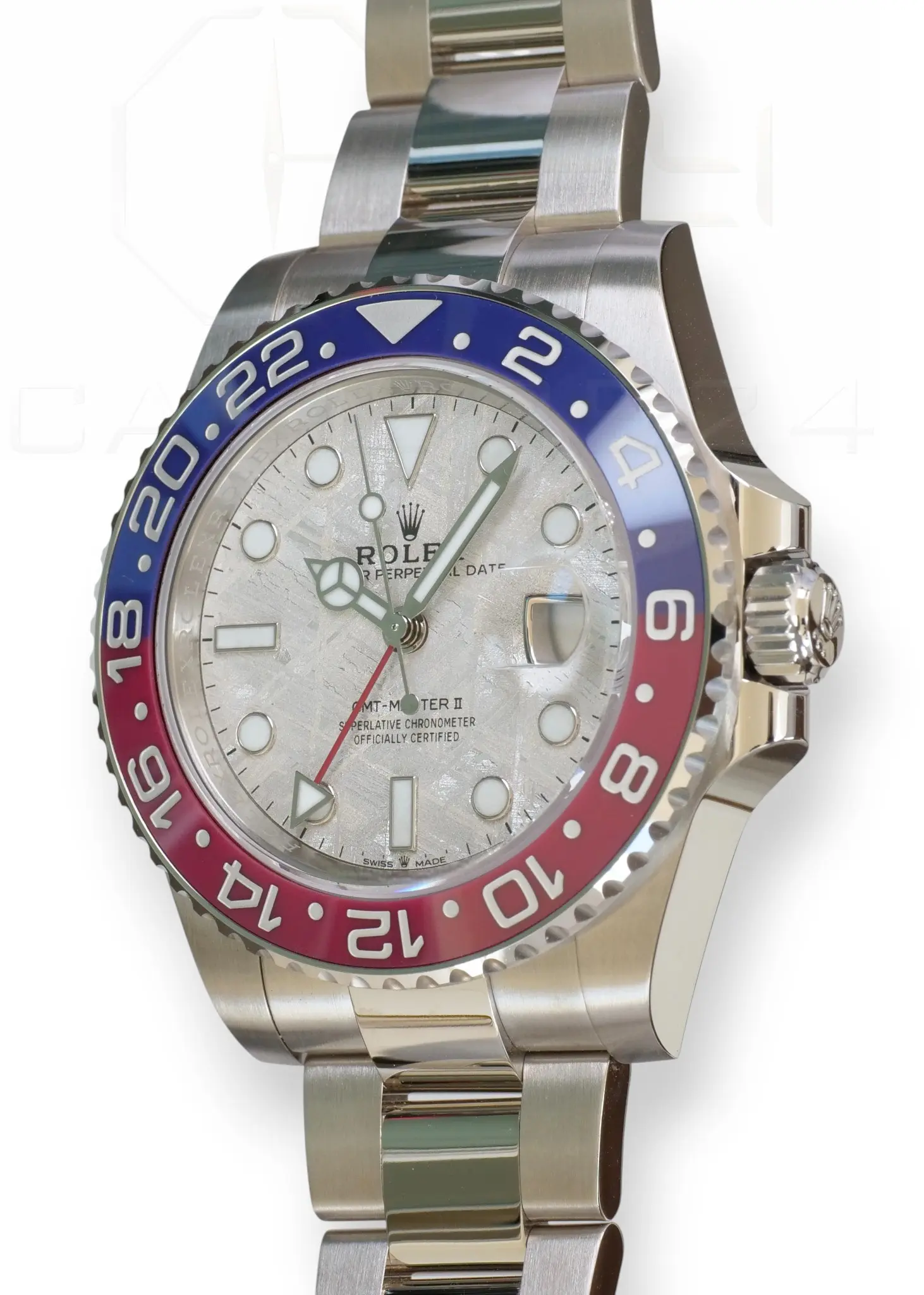 Rolex GMT Master II Pepsi Meteorite Dial Brand New Unsized Unworn with white and green tags 2025 full set with box and papers available at Calibre24 Luxury Watches Perth Australia