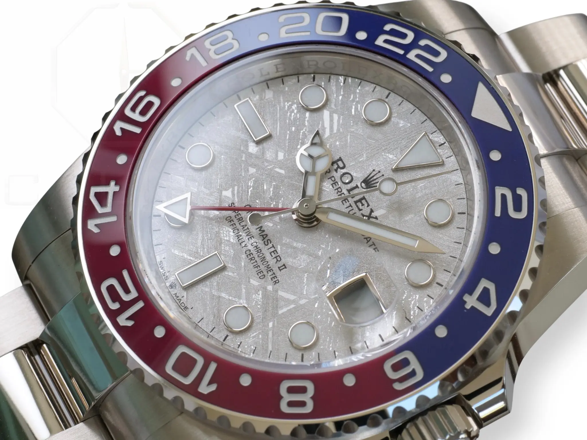 Rolex GMT Master II Pepsi Meteorite Dial Brand New Unsized Unworn with white and green tags 2025 full set with box and papers available at Calibre24 Luxury Watches Perth Australia