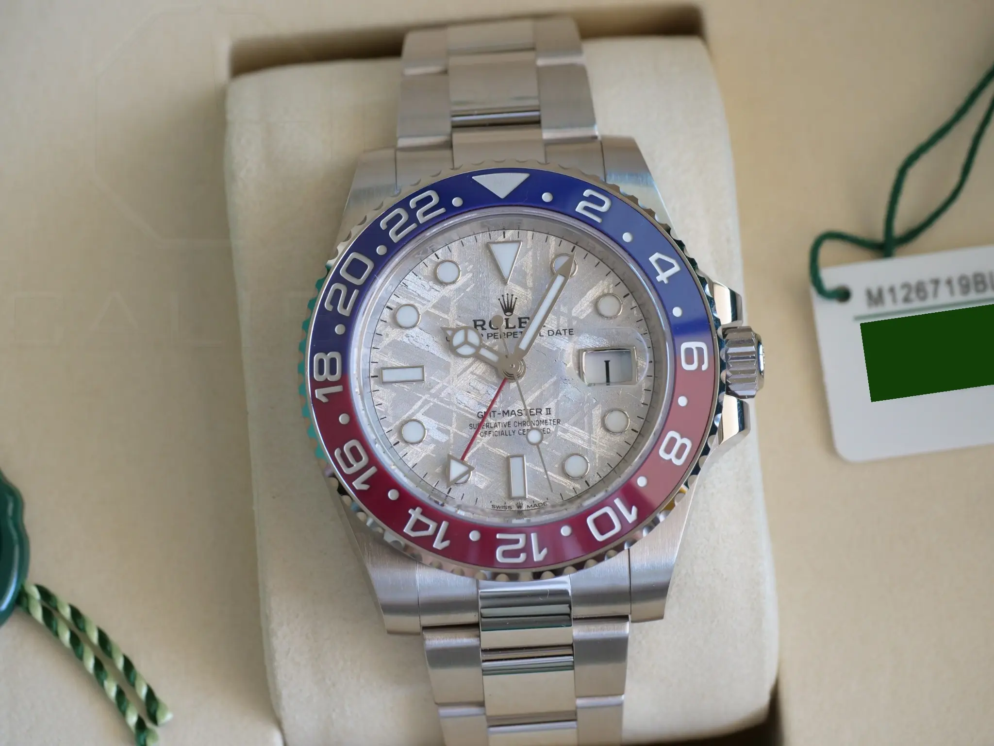 Rolex GMT Master II Pepsi Meteorite Dial Brand New Unsized Unworn with white and green tags 2025 full set with box and papers available at Calibre24 Luxury Watches Perth Australia