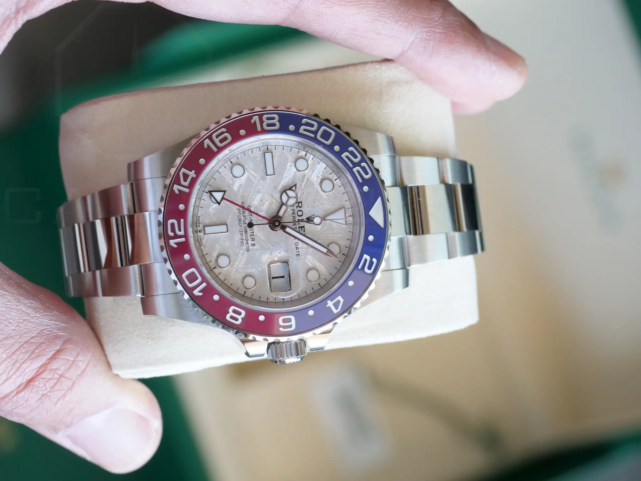 Rolex GMT Master II Pepsi Meteorite Dial Brand New Unsized Unworn with white and green tags 2025 full set with box and papers available at Calibre24 Luxury Watches Perth Australia