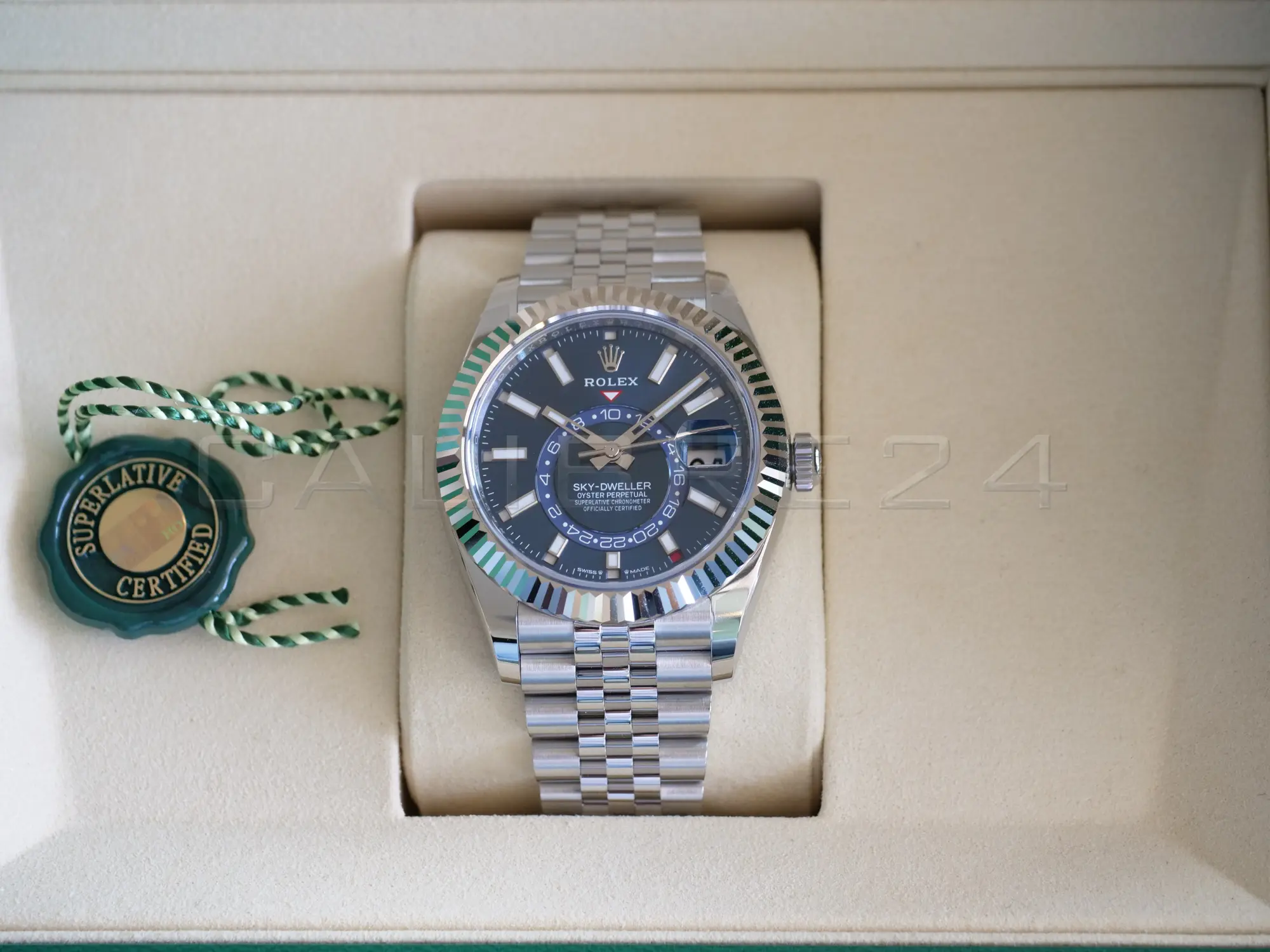 Rolex Sky Dweller Blue Dial 336934 Fluted Bezel Jubilee Bracelet Brand New 2026 full set with box and papers available at Calibre24 Luxury Watches Perth Australia