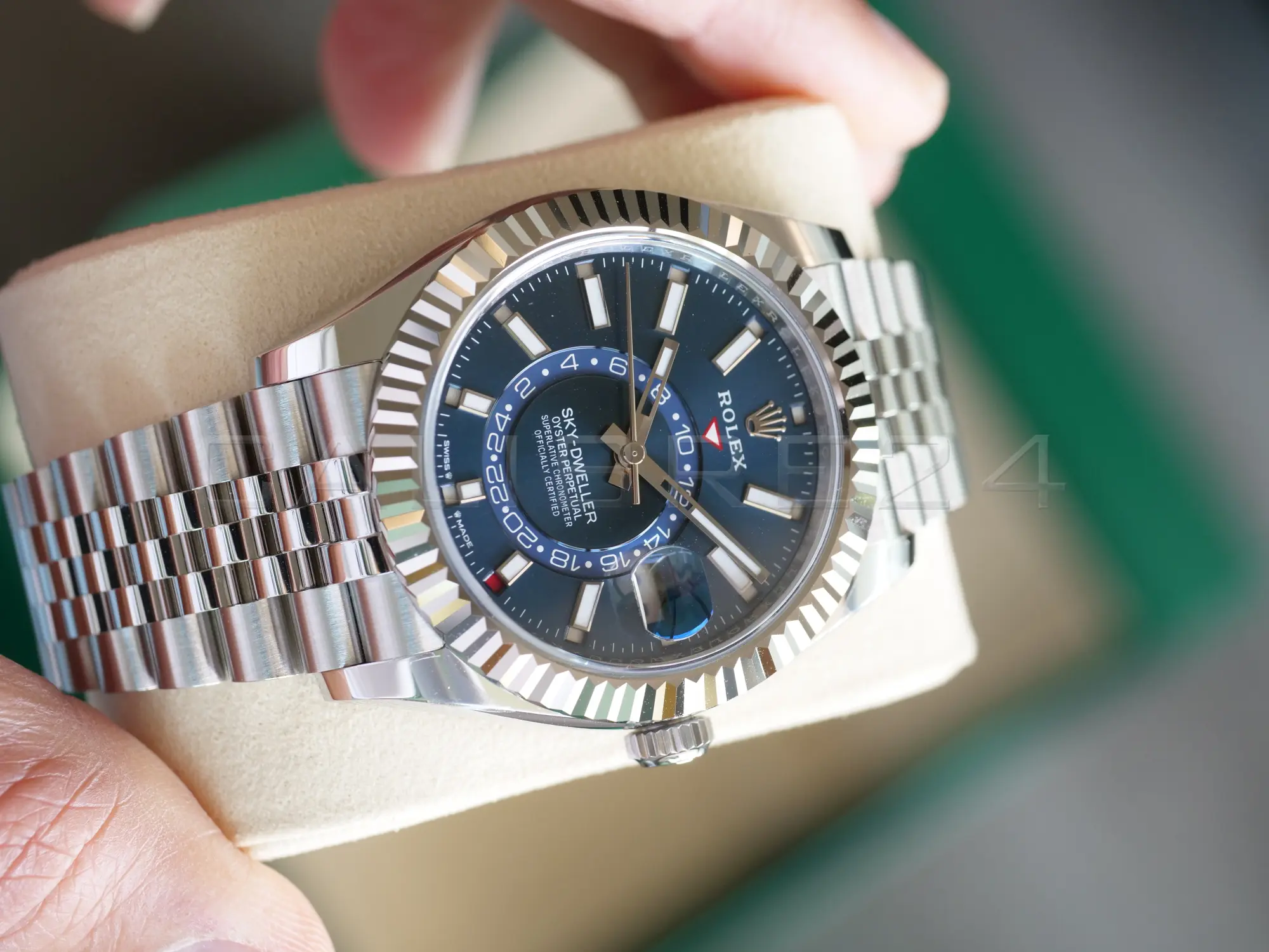Rolex Sky Dweller Blue Dial 336934 Fluted Bezel Jubilee Bracelet Brand New 2026 full set with box and papers available at Calibre24 Luxury Watches Perth Australia