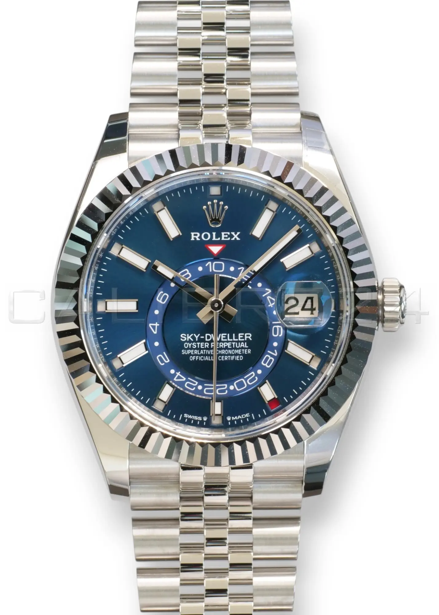Rolex Sky-Dweller Blue Dial 336934 Fluted Bezel Jubilee Bracelet Brand New 2026 full set with box and papers available at Calibre24 Luxury Watches Perth Australia