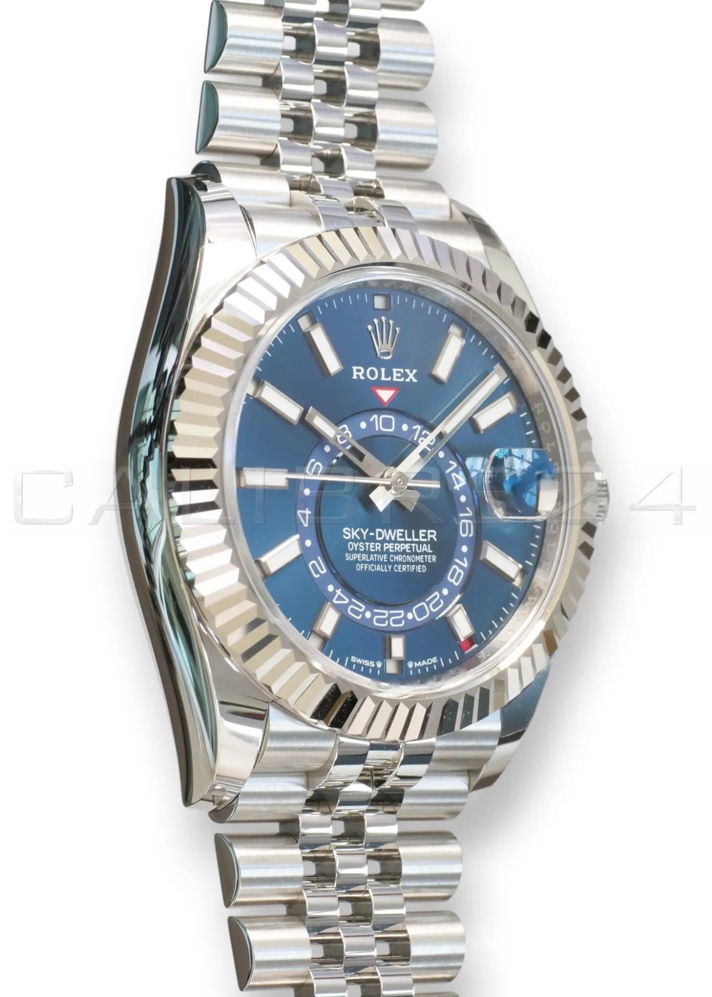 Rolex Sky Dweller Blue Dial 336934 Fluted Bezel Jubilee Bracelet Brand New 2026 full set with box and papers available at Calibre24 Luxury Watches Perth Australia