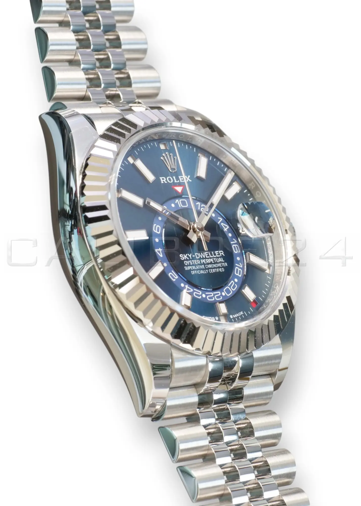 Rolex Sky Dweller Blue Dial 336934 Fluted Bezel Jubilee Bracelet Brand New 2026 full set with box and papers available at Calibre24 Luxury Watches Perth Australia