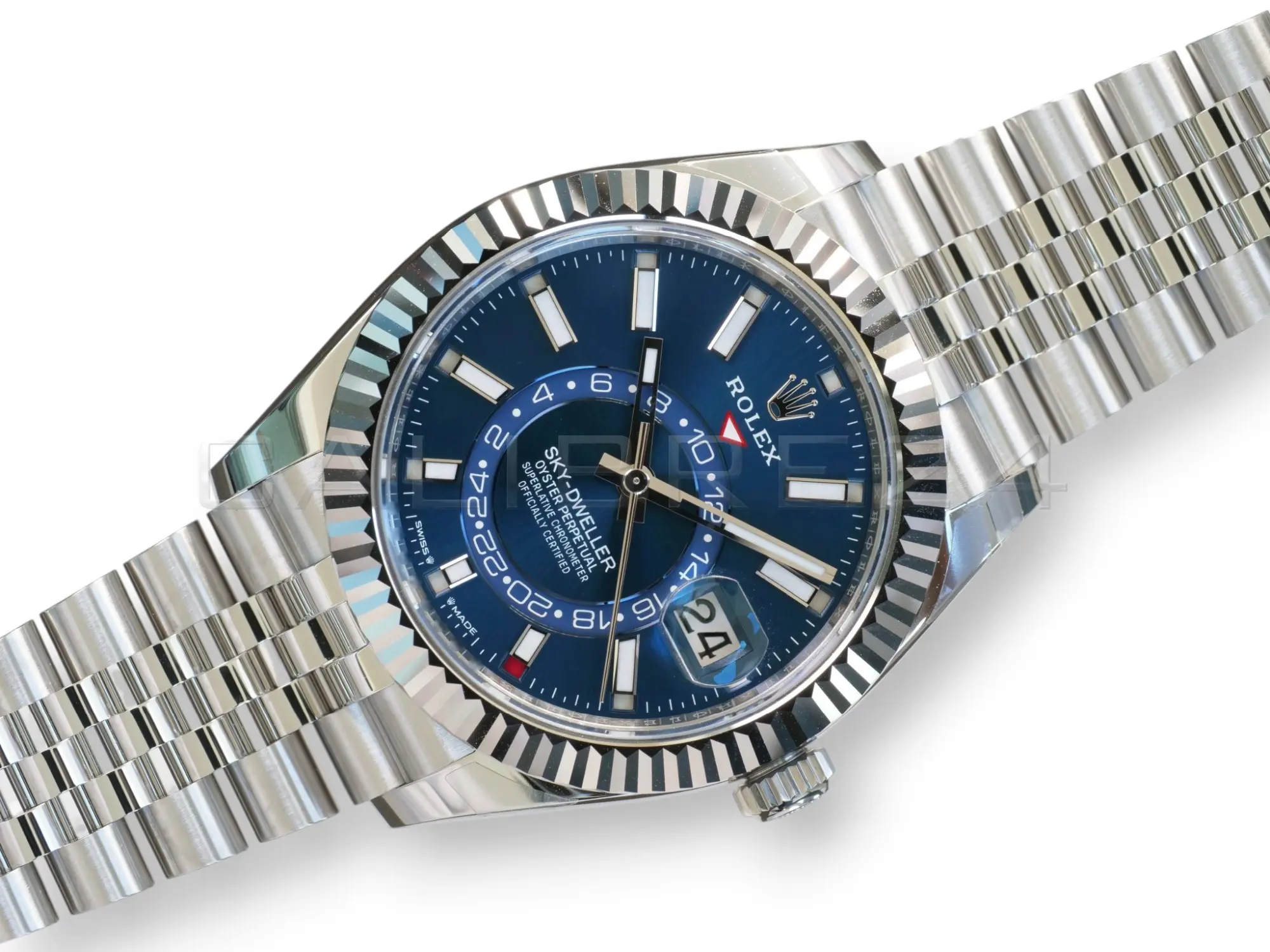 Rolex Sky Dweller Blue Dial 336934 Fluted Bezel Jubilee Bracelet Brand New 2026 full set with box and papers available at Calibre24 Luxury Watches Perth Australia
