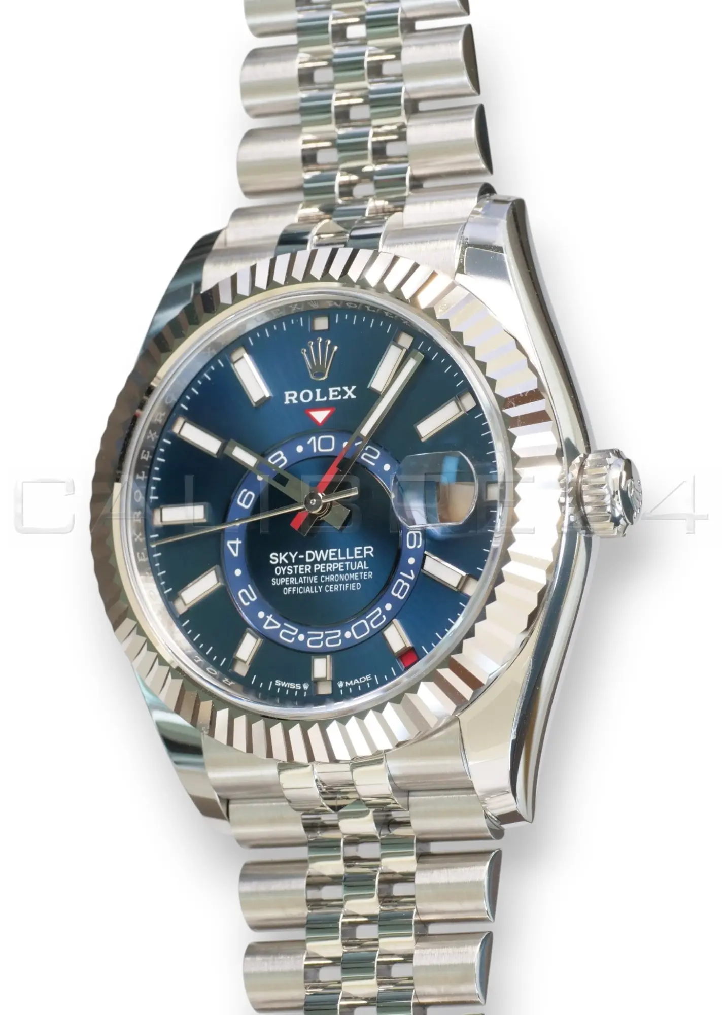 Rolex Sky Dweller Blue Dial 336934 Fluted Bezel Jubilee Bracelet Brand New 2026 full set with box and papers available at Calibre24 Luxury Watches Perth Australia