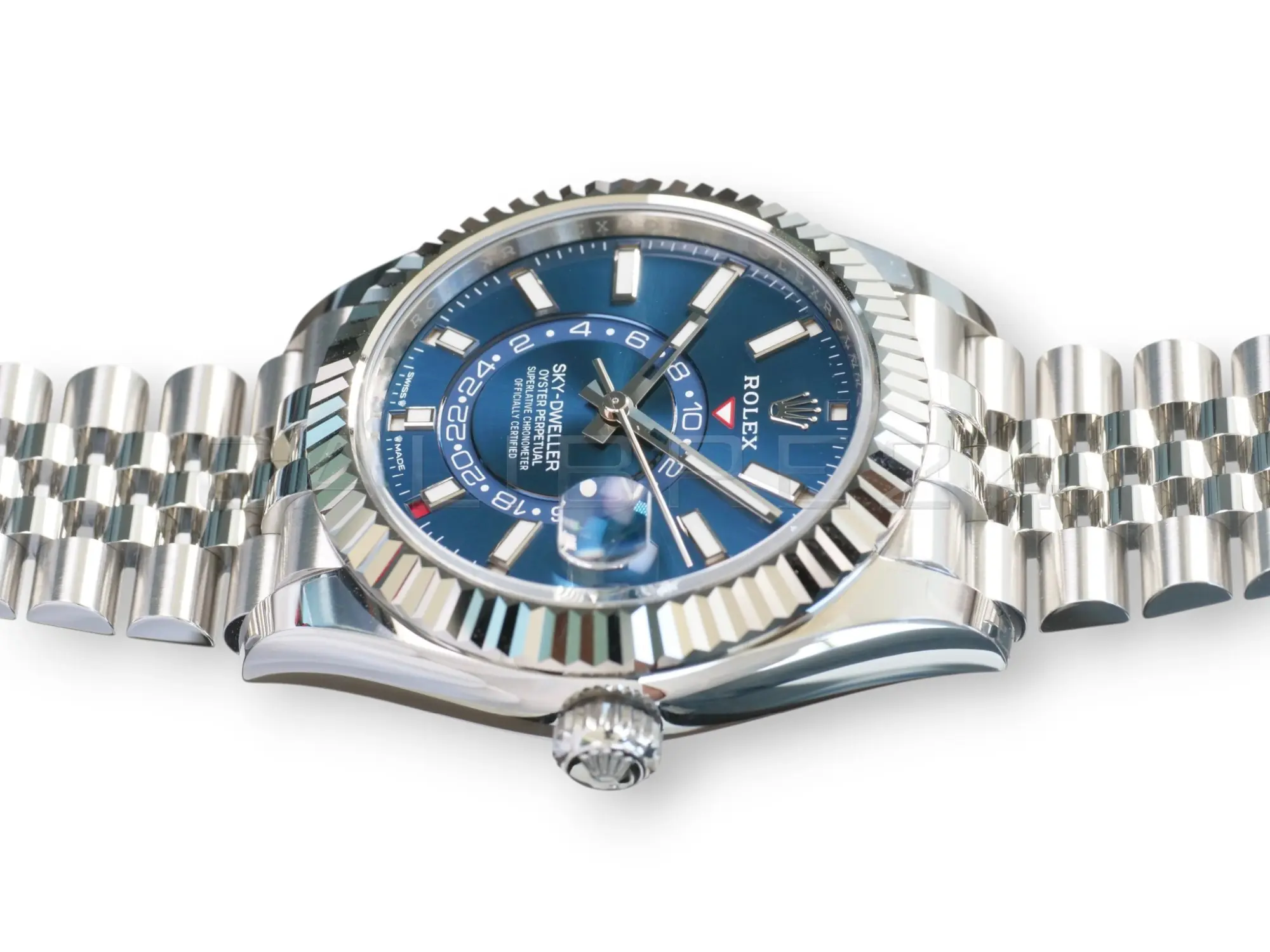 Rolex Sky Dweller Blue Dial 336934 Fluted Bezel Jubilee Bracelet Brand New 2026 full set with box and papers available at Calibre24 Luxury Watches Perth Australia