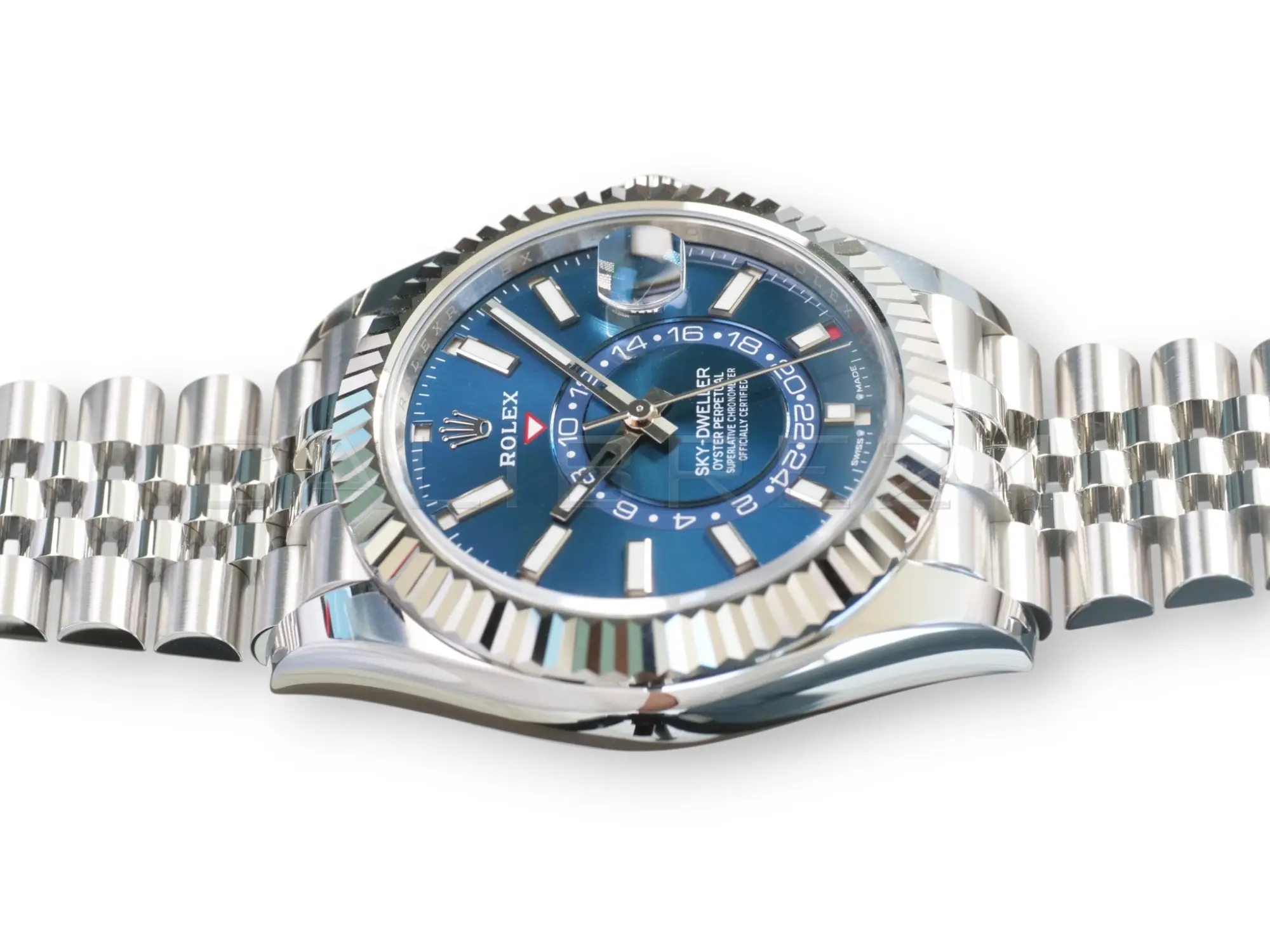 Rolex Sky Dweller Blue Dial 336934 Fluted Bezel Jubilee Bracelet Brand New 2026 full set with box and papers available at Calibre24 Luxury Watches Perth Australia