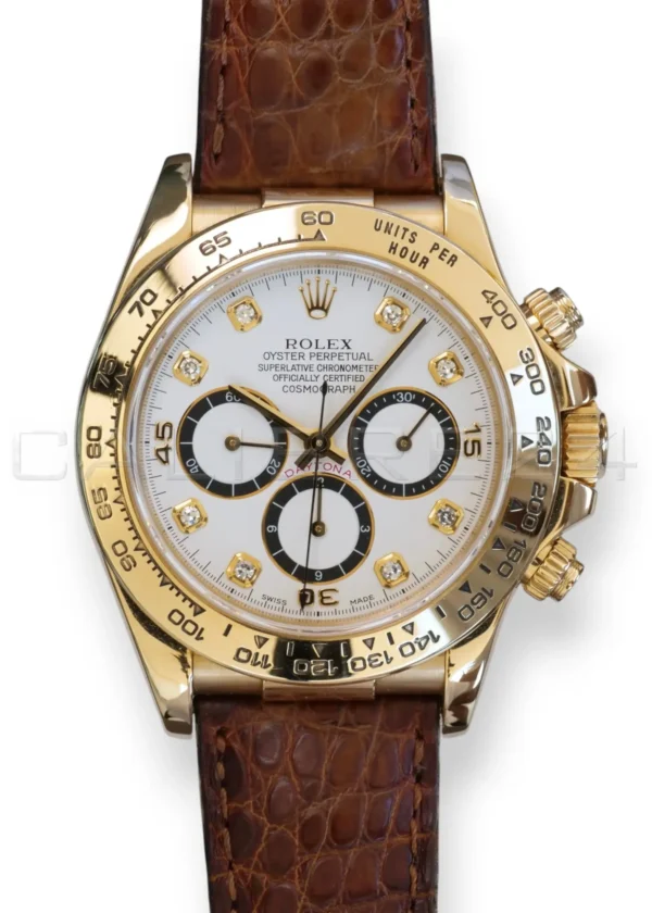 Rolex Daytona Yellow Gold 16518 Rolex Cosmograph Daytona 16518 white dial with diamond markers Yellow Gold leather Strap with factory papers papers available at Calibre24 Luxury Watches Perth Australia