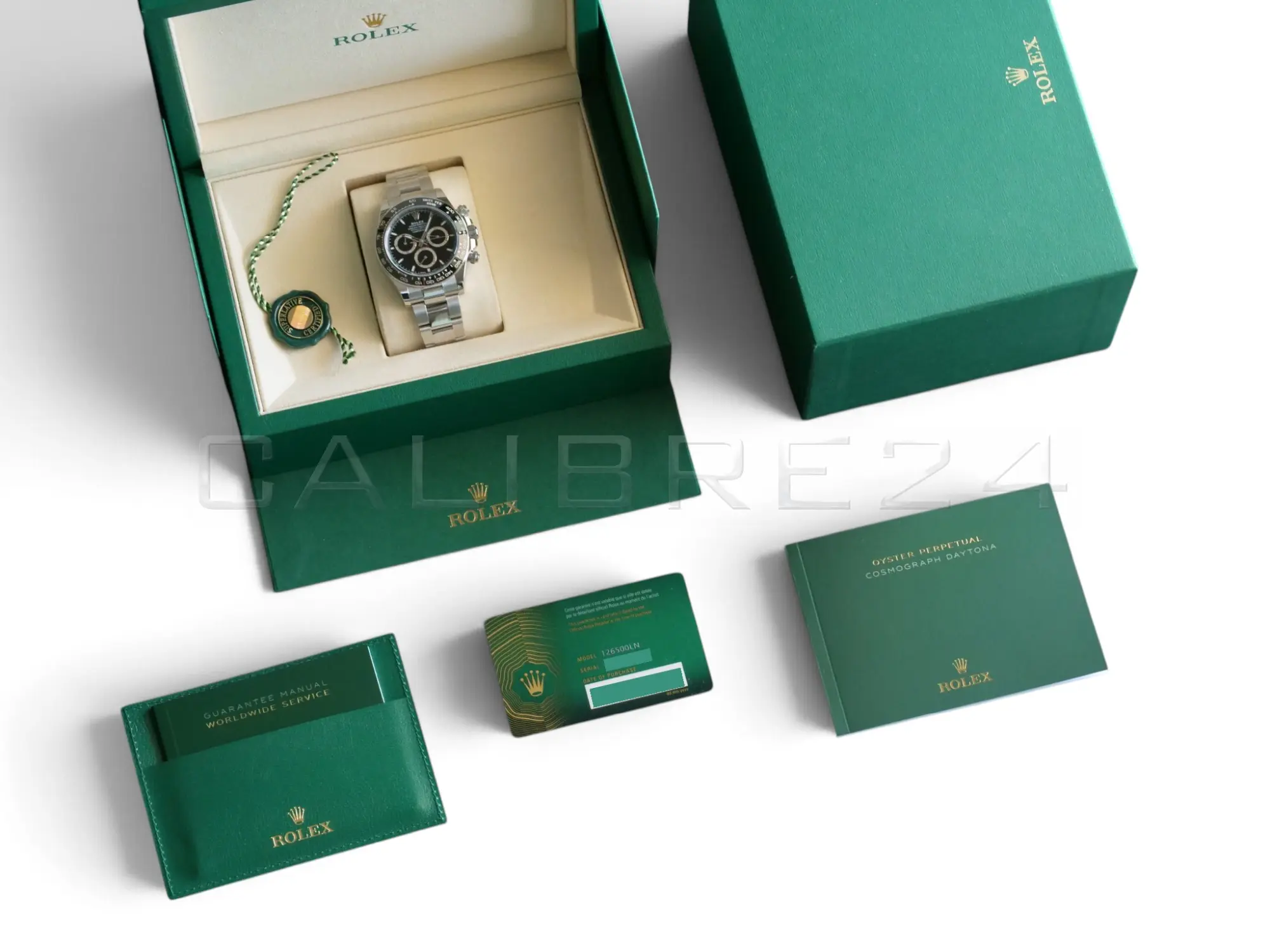 Rolex Daytona 126500LN full set — original green Rolex box, outer box, warranty card, papers, booklets and swing tags, brand new 2026
