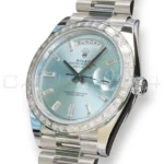 Rolex Day-Date 40 228396TBR 950 platinum ice blue baguette diamond dial bezel 2026 brand new front