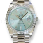 Rolex Day‑Date 40 Platinum Ice Blue Rolex Day-Date 40 228396TBR 950 platinum ice blue baguette diamond dial bezel 2026 brand new front