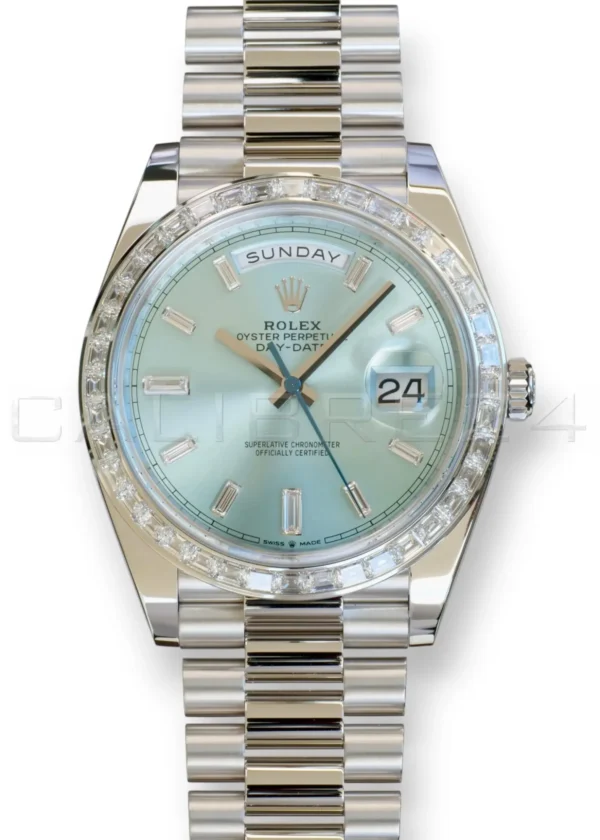 Rolex Day‑Date 40 Platinum Ice Blue Rolex Day-Date 40 228396TBR 950 platinum ice blue baguette diamond dial bezel 2026 brand new front