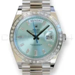 Rolex Day-Date 40 228396TBR 950 platinum ice blue baguette diamond dial bezel 2026 brand new front