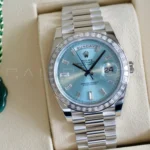 Rolex 228396TBR baguette diamond bezel 40 trapeze-cut diamonds 3.48 carats platinum close-up