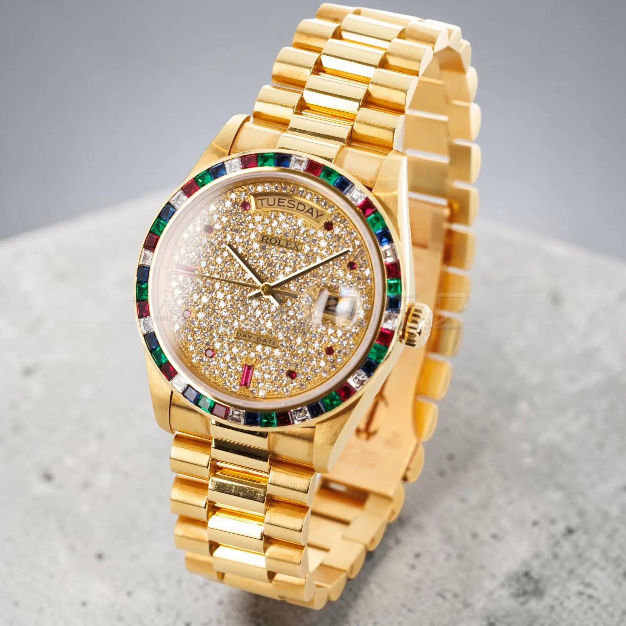Rolex Day Date Paved DIamond Rainbow Dial Review at calibre24 Australia 03