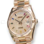 Rolex Day‑Date 36 Paved Diamond Rainbow Dial Everose Gold Mint condition Full Box & Papers at calibre24 Australia