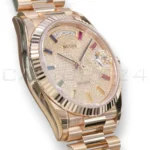 Rolex Day‑Date 36 Paved Diamond Rainbow Dial Everose Gold Mint condition Full Box & Papers at calibre24 Australia