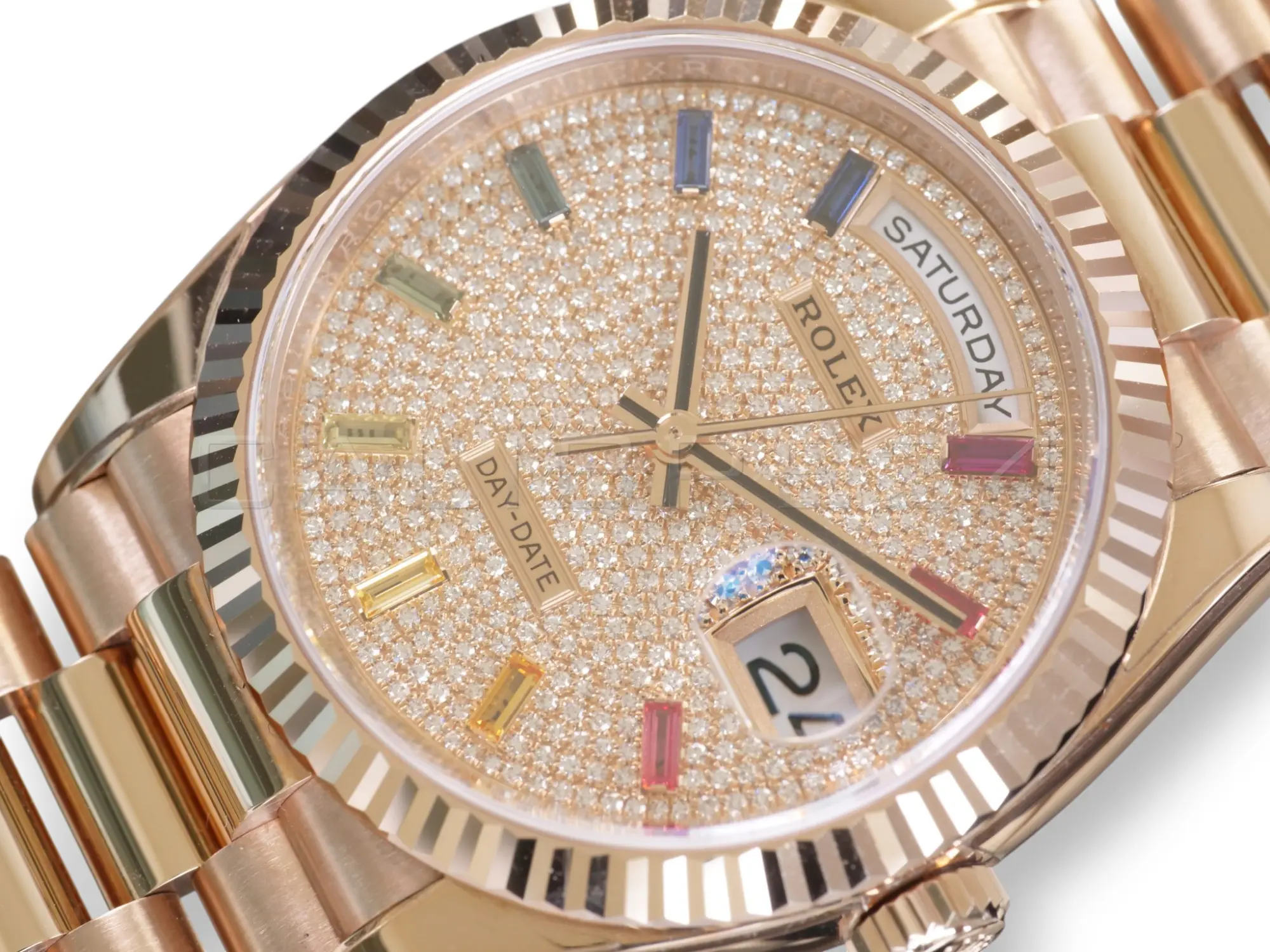 Rolex Day‑Date 36 Paved Diamond Rainbow Dial Everose Gold Mint condition Full Box & Papers at calibre24 Australia