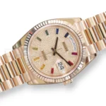 Rolex Day‑Date 36 Paved Diamond Rainbow Dial Everose Gold Mint condition Full Box & Papers at calibre24 Australia
