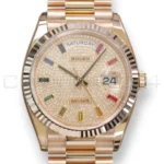 Rolex Day‑Date 36 Paved Diamond Rainbow Dial Everose Gold Mint condition Full Box & Papers at calibre24 Australia