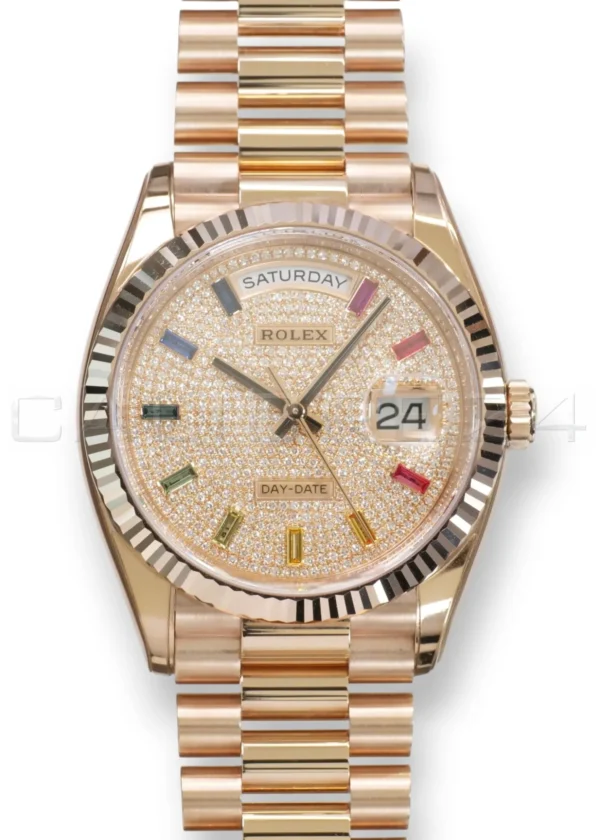 Rolex Day‑Date 36 Paved Diamond Rainbow Dial Everose Gold Mint condition Full Box & Papers at calibre24 Australia