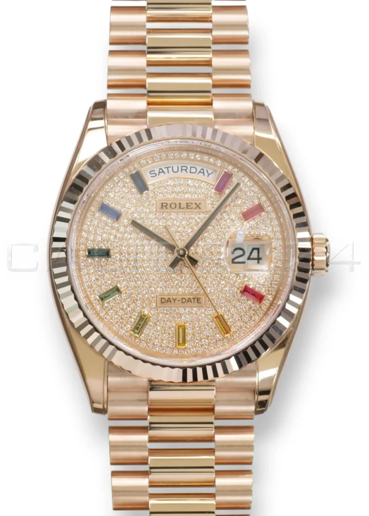 Rolex Day‑Date 36 Paved Diamond Rainbow Dial Everose Gold Mint condition Full Box & Papers at calibre24 Australia