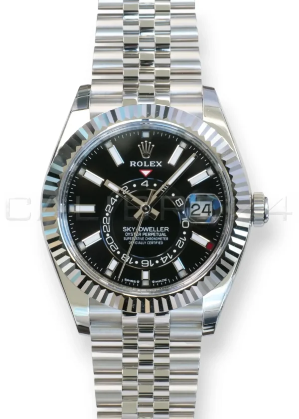 Rolex Sky-Dweller 336934 black sunray dial white gold bezel Jubilee bracelet 2025 front view
