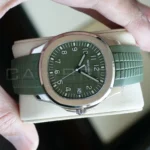 Patek Philippe 5168G-010 khaki green varnished dial embossed Aquanaut pattern white gold numerals close-up