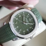 Patek Philippe 5168G-010 khaki green varnished dial embossed Aquanaut pattern white gold numerals close-up