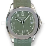 Patek Philippe Aquanaut 5168G-010 Jumbo 5168G-010 khaki green dial white gold Q4 2025 mint front view 42.2mm