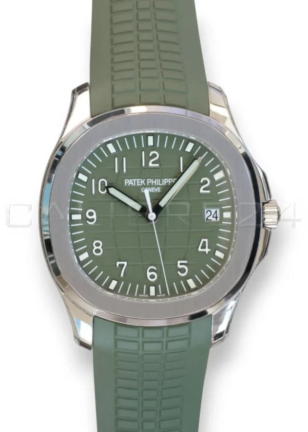 Patek Philippe Aquanaut 5168G-010 Jumbo 5168G-010 khaki green dial white gold Q4 2025 mint front view 42.2mm