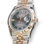 Rolex Datejust 36 Wimbledon 126231 slate grey dial green Roman numerals Everose gold bezel Jubilee front left