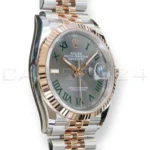 Rolex Datejust 36 Wimbledon 126231 slate grey dial green Roman numerals Everose gold bezel Jubilee front right