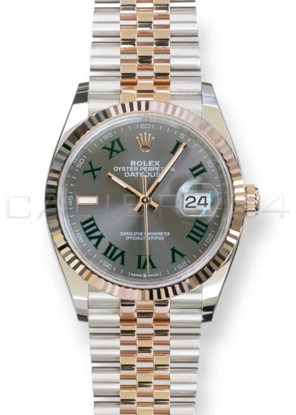 Rolex Datejust 36 Wimbledon 126231 slate grey dial green Roman numerals Everose gold bezel Jubilee front
