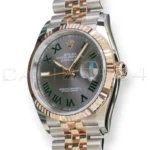 Rolex Datejust 36 Wimbledon 126231 slate grey dial green Roman numerals Everose gold bezel Jubilee front left