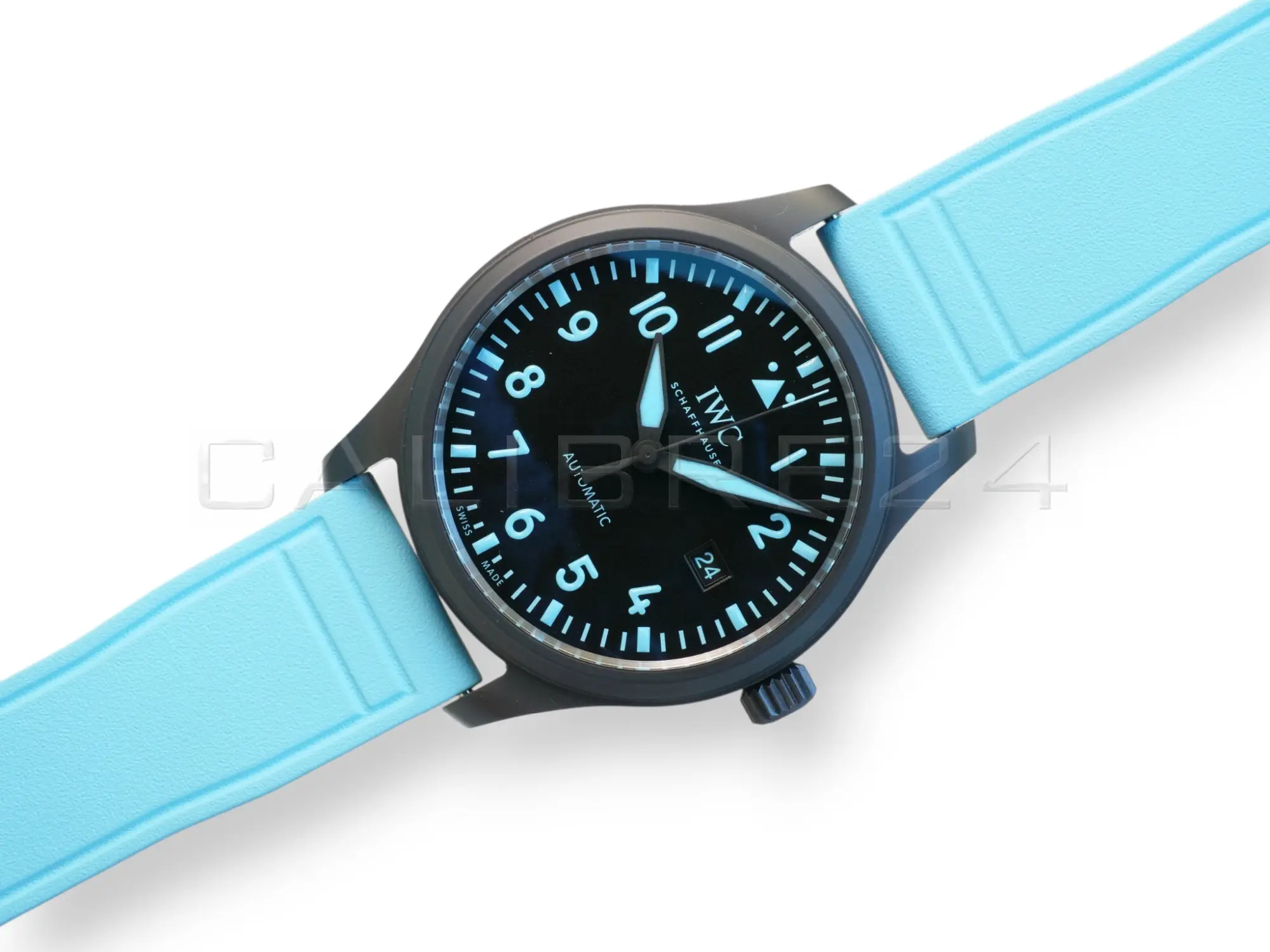 IWC IW328107 George Russell Limited Edition ceramic case close-up blue dial alpha hands date at 3 — calibre24.com.au